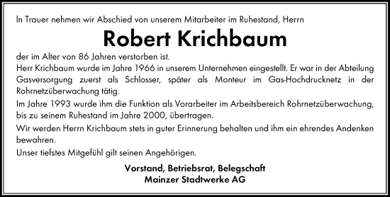 Traueranzeige von Robert Krichbaum von Allgemeine Zeitung Mainz