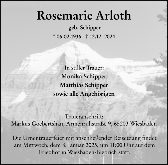 Traueranzeige von Rosemarie Arloth von Wiesbadener Kurier