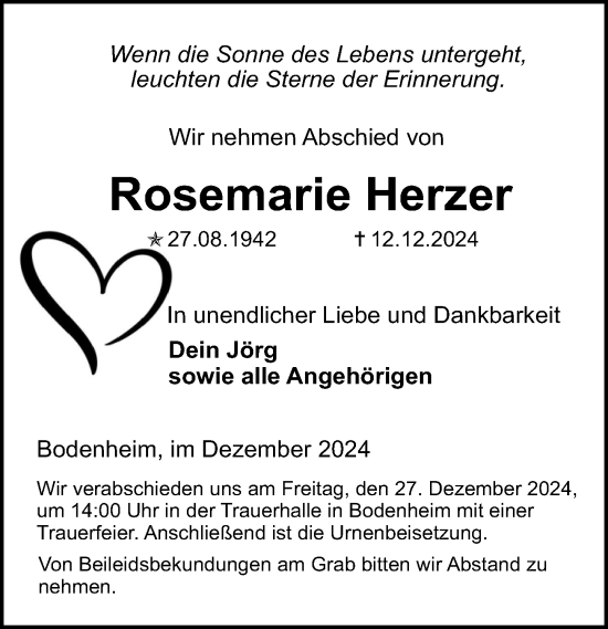 Traueranzeige von Rosemarie Herzer von Allgemeine Zeitung Mainz