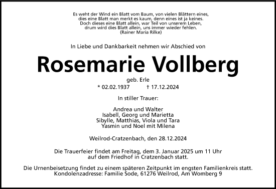 Traueranzeige von Rosemarie Vollberg von Camberger Anzeiger