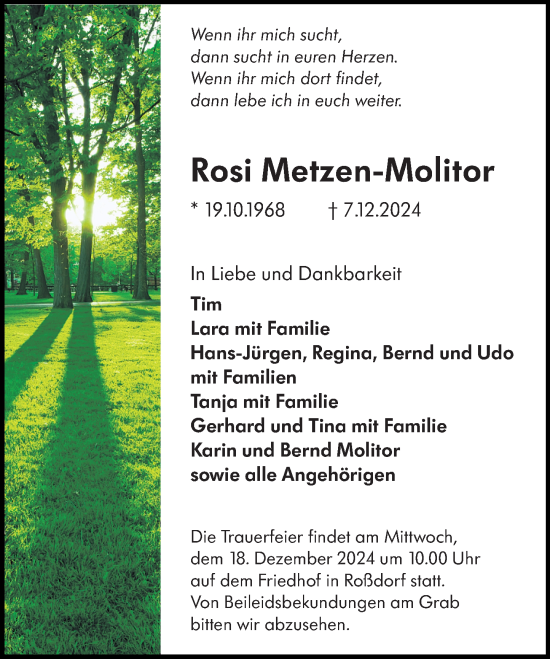 Traueranzeige von Rosi Metzen-Molitor von Darmstädter Echo