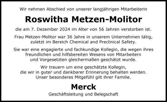 Traueranzeige von Roswitha Metzen-Molitor von Darmstädter Echo