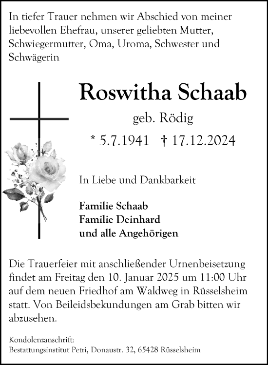 Traueranzeige von Roswitha Schaab von Rüsselsheimer Echo