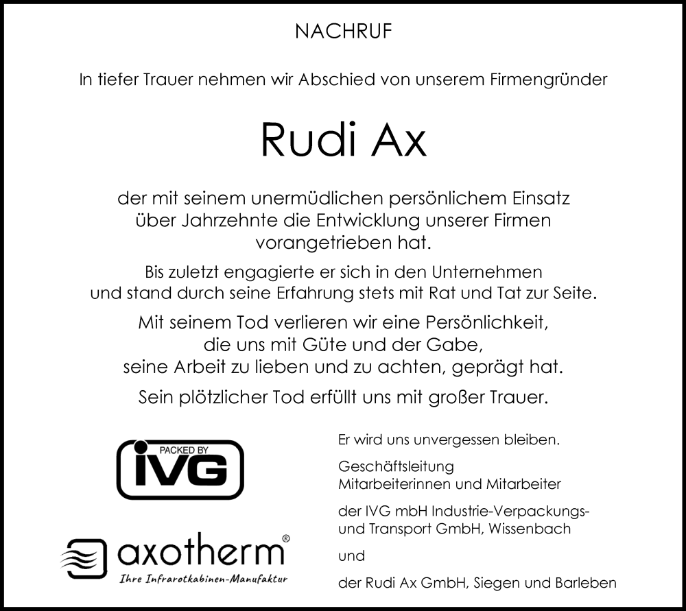  Traueranzeige für Rudi Ax vom 17.12.2024 aus Hinterländer Anzeiger