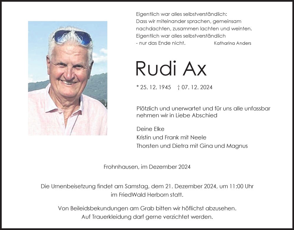  Traueranzeige für Rudi Ax vom 17.12.2024 aus Hinterländer Anzeiger