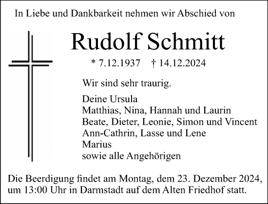 Traueranzeige von Rudolf Schmitt von Darmstädter Echo