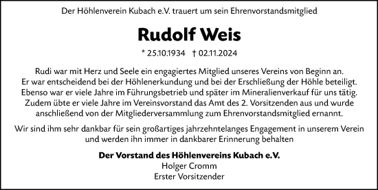 Traueranzeige von Rudolf Weis von Weilburger Tageblatt