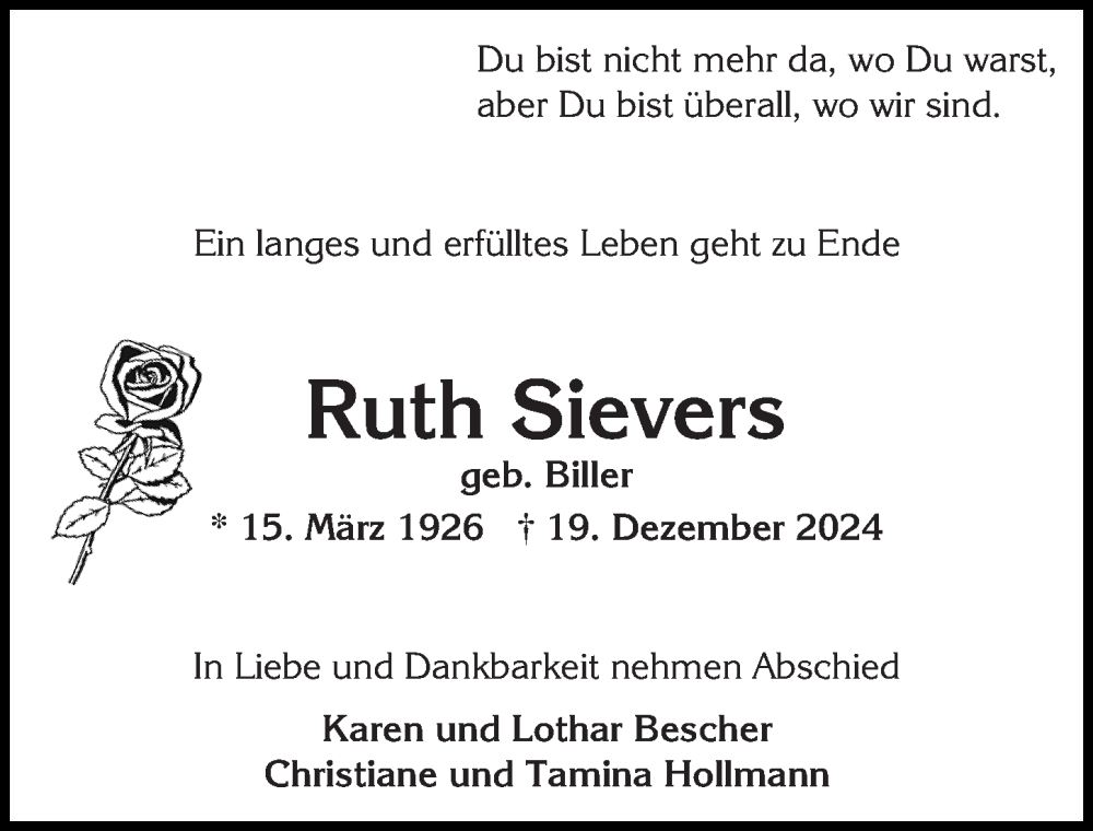  Traueranzeige für Ruth Sievers vom 28.12.2024 aus Wiesbadener Kurier