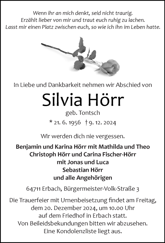 Traueranzeige von Silvia Hörr von Odenwälder Echo