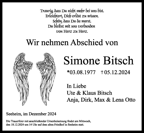 Traueranzeige von Simone Bitsch von Darmstädter Echo