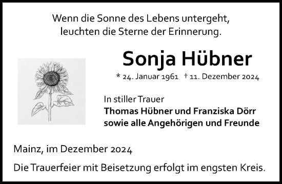 Traueranzeige von Sonja Hübner von Allgemeine Zeitung Mainz