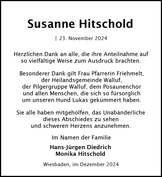 Traueranzeige von Susanne Hitschold von Wiesbadener Kurier