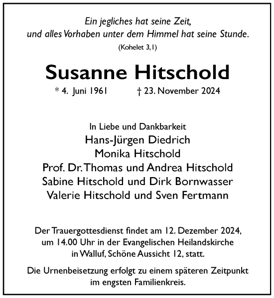 Traueranzeige von Susanne Hitschold von Wiesbadener Kurier