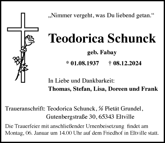 Traueranzeige von Teodorica Schunck von Rheingau Kurier