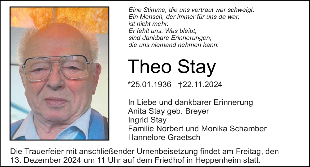  Traueranzeige für Theo Stay vom 07.12.2024 aus Starkenburger Echo