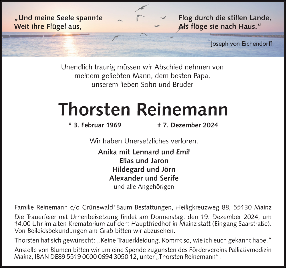  Traueranzeige für Thorsten Reinemann vom 14.12.2024 aus Allgemeine Zeitung Mainz