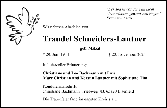 Traueranzeige von Traudel Schneiders-Lautner von Wiesbadener Kurier