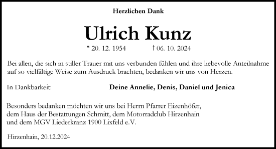 Traueranzeige von Ulrich Kunz von Dill Block