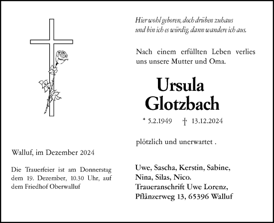 Traueranzeige von Ursula Glotzbach von Rheingau Kurier