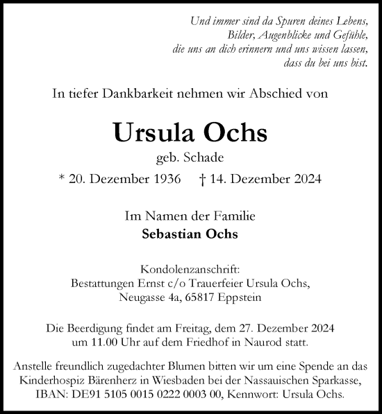 Traueranzeige von Ursula Ochs von Wiesbadener Kurier