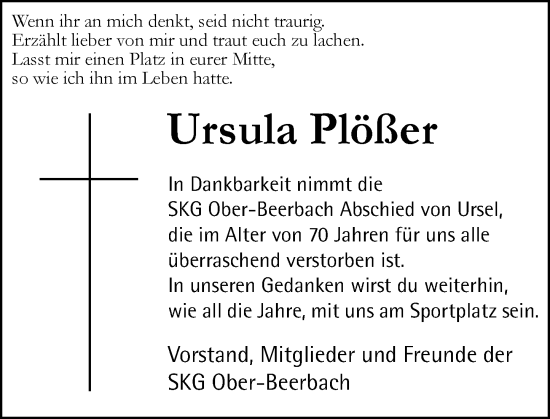 Traueranzeige von Ursula Plößer von Darmstädter Echo