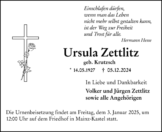 Traueranzeige von Ursula Zettlitz von Wiesbadener Kurier