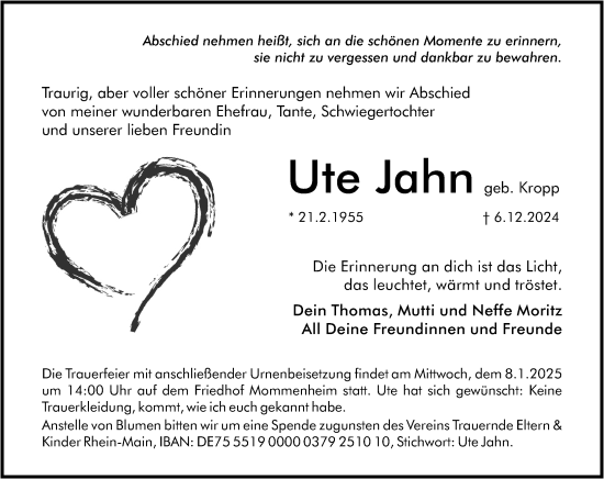 Traueranzeige von Ute Jahn von Allgemeine Zeitung Mainz