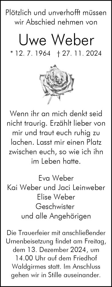  Traueranzeige für Uwe Weber vom 10.12.2024 aus Wetzlarer Neue Zeitung