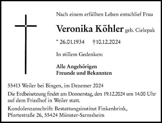 Traueranzeige von Veronika Köhler von Allgemeine Zeitung Rheinhessen-Nahe