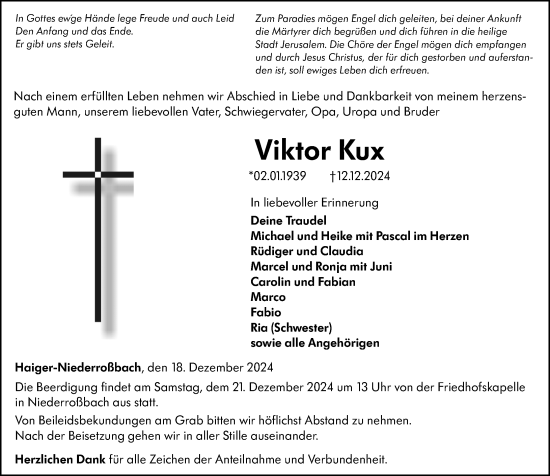 Traueranzeige von Viktor Kux von Dill Block