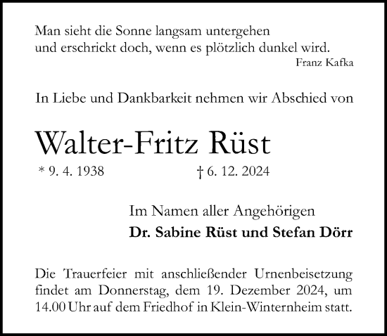 Traueranzeige von Walter-Fritz Rüst von Allgemeine Zeitung Mainz