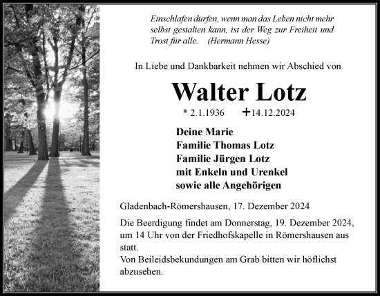 Traueranzeige von Walter Lotz von Hinterländer Anzeiger