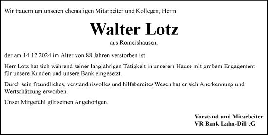 Traueranzeige von Walter Lotz von Hinterländer Anzeiger