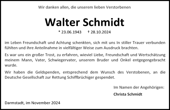 Traueranzeige von Walter Schmidt von Darmstädter Echo