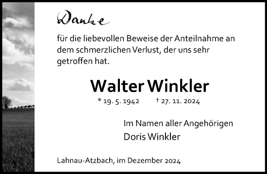 Traueranzeige von Walter Winkler von Wetzlarer Neue Zeitung