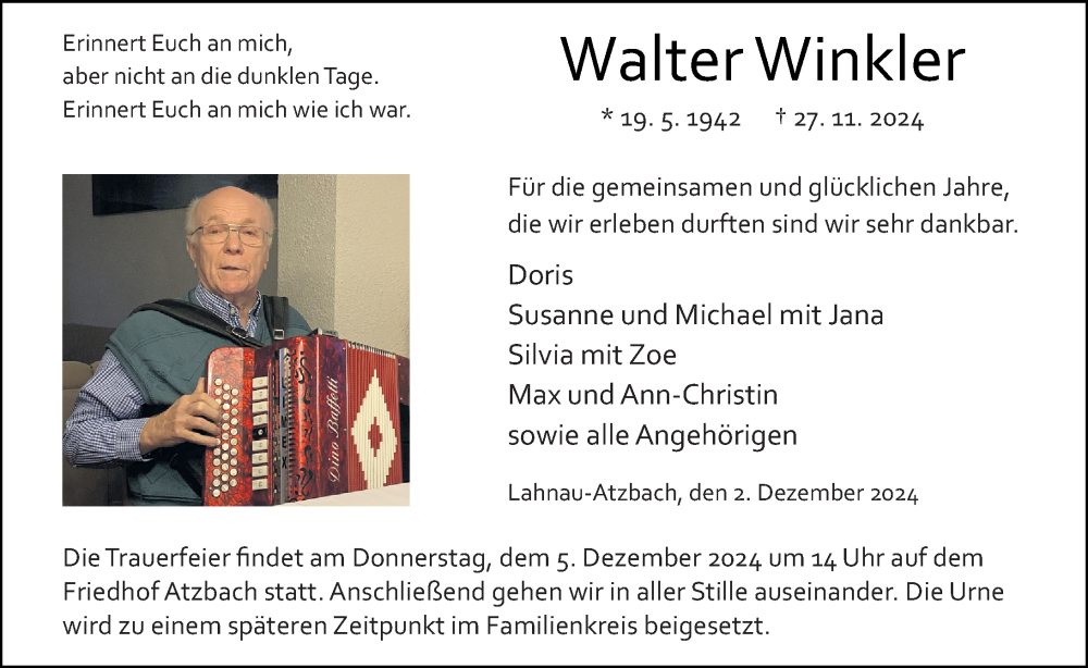  Traueranzeige für Walter Winkler vom 02.12.2024 aus Wetzlarer Neue Zeitung