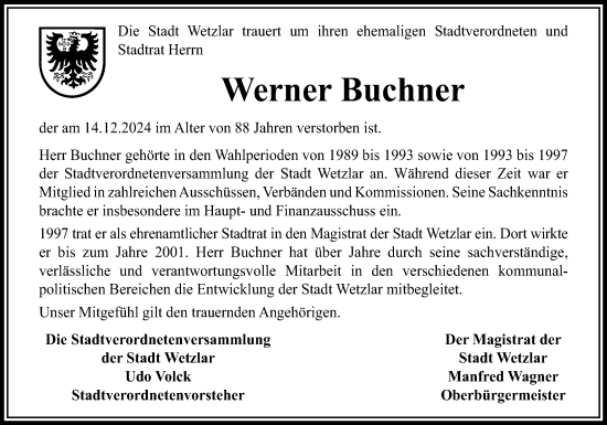 Traueranzeige von Werner Buchner von Wetzlarer Neue Zeitung