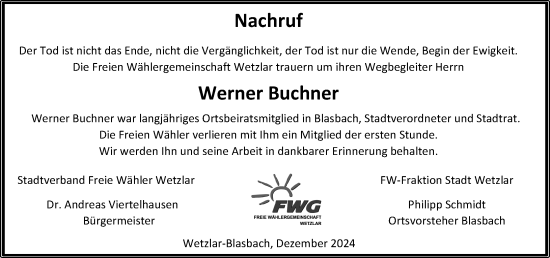 Traueranzeige von Werner Buchner von Wetzlarer Neue Zeitung