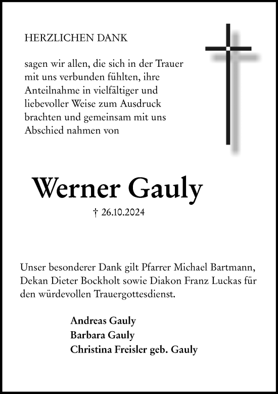 Traueranzeige von Werner Gauly von Allgemeine Zeitung Mainz