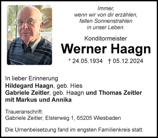 Traueranzeige von Werner Haagn von Wiesbadener Kurier