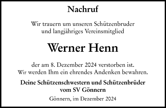 Traueranzeige von Werner Henn von Hinterländer Anzeiger