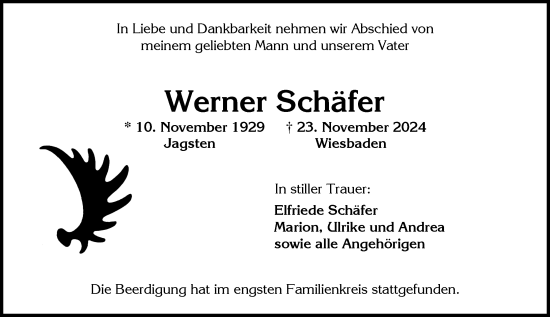 Traueranzeige von Werner Schäfer von Wiesbadener Kurier