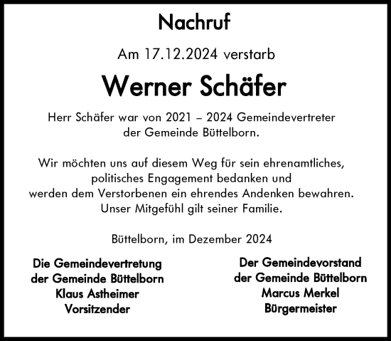 Traueranzeige von Werner Schäfer von Groß-Gerauer Echo