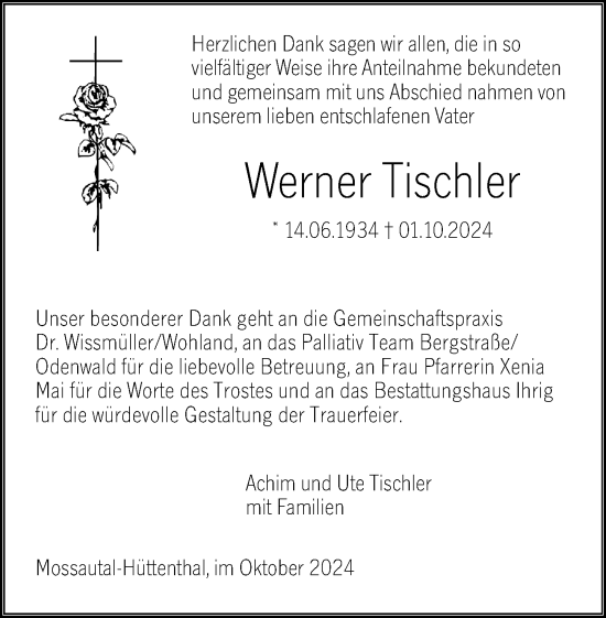 Traueranzeige von Werner Tischler von Odenwälder Echo