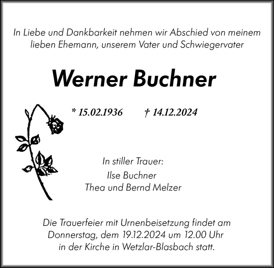 Traueranzeige von Werner Buchner Buchner von Wetzlarer Neue Zeitung