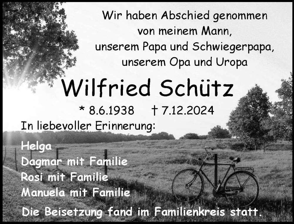  Traueranzeige für Wilfried Schütz vom 28.12.2024 aus Darmstädter Echo