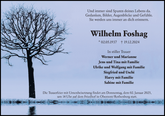 Traueranzeige von Wilhelm Foshag von Odenwälder Echo