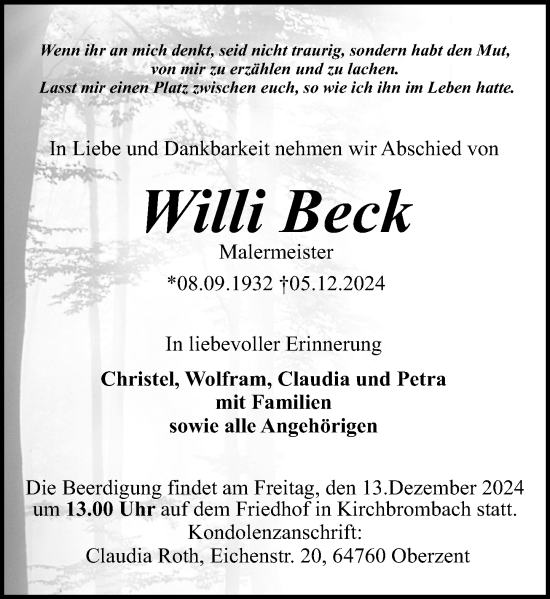 Traueranzeige von Willi Beck von Odenwälder Echo