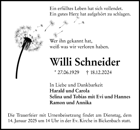 Traueranzeige von Willi Schneider von Darmstädter Echo