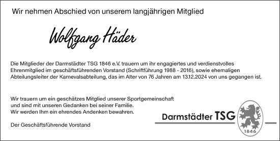 Traueranzeige von Wolfgang Häder von Darmstädter Echo